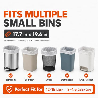 4 Gallon Trash Bags, 130 Count, Clear Small Bathroom Garbage Bags | Value pack Can Liners for waste baskets, 17.7 x 19.6 in, fits many 12–15 L / 3–4.5 gal small bins, Unscented