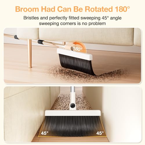 Broom with Dustpan Combo Set,UOEOS One-Sweep Clean,Pet Hair Removal Broom with Self-Cleaning Double-Layer Teeth,High Density Broom and Windproof Dustpan for Indoor&Outdoor - color: Black
