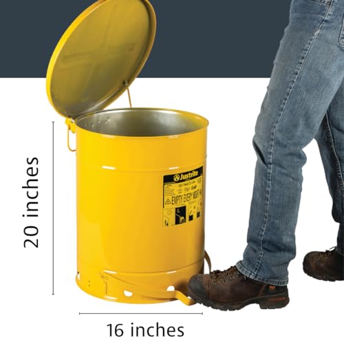 Justrite 14 Gallon Galvanized Steel Oily Waste Can, 20" x 16" Metal Oil Rag Safety Can with Foot Operated Self-Closing Lid for Oil Rag Disposal, Made in The USA, Yellow, 09501 - color: Yellow, size: 14 Gallon, style: Foot-Operated Lid