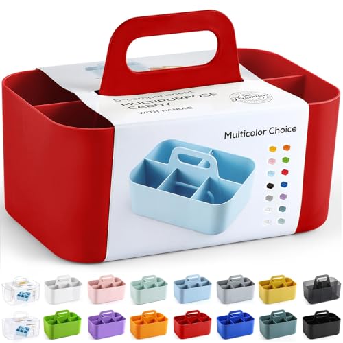 Multiuse Caddy Organizer with Handle, Portable Divided Plastic Tote Bin - Art Craft, Stationary Pen Marker Crayons, Makeup Hair Supplies Storage - Bathroom, Classroom, Dorm, Office, Desk Holder - Red - color: Red