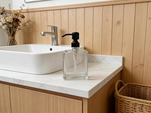 Square Clear Glass Dish Soap Dispenser Set 2 Pack, Black Refillable Hand Soap Dispenser with Rust Proof Stainless Steel Pump 2 x 13.5 oz Lotion Dispenser for Bathroom Vanity Kitchen - color: Black, size: 2X13.5oz-Square