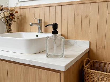 Square Clear Glass Dish Soap Dispenser Set 2 Pack, Black Refillable Hand Soap Dispenser with Rust Proof Stainless Steel Pump 2 x 13.5 oz Lotion Dispenser for Bathroom Vanity Kitchen - color: Black, size: 2X13.5oz-Square