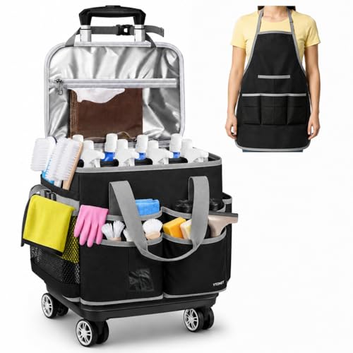 Ytonet Wearable Rolling Cleaning Caddy Bag with Cleaning Apron, Large Cleaning Caddy with 4 Spinner Wheels, Detachable Trolley Portable Cleaning Supplies Organizer Cart for Housekeepers, Utility Bag - color: Black