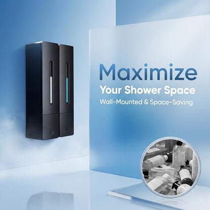 2-Pack Shampoo & Conditioner Dispenser, Wall-Mounted Shower Soap Dispenser, 800 ML (2×400 ML) Capacity, No-Drill Adhesive or Screws, Refillable Clear-Window Bottles for Bathroom & Hotel - color: Black-2-pack
