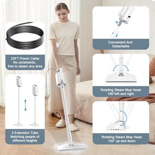 6-in-1 Steam Mop, 1200W Rotated Steam Cleaner for Home, 2 Modes, 400ML Removable Tank, 23FT Cord, 2 Washable Pads, Multi-Surface Steamer for Hard Floor, Laminate Floor, Tiles Cleaning (Pearl White)