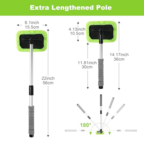 XINDELL Windshield Cleaner Tool – Car Window Cleaning Tool 22inch Extendable Long Handle for Easy Cleaning, 9pcs Reusable Microfiber Pads, Streak-Free Interior & Exterior Auto Glass Cleaner (Green) - size: 22in
