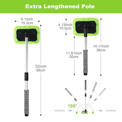 XINDELL Windshield Cleaner Tool – Car Window Cleaning Tool 22inch Extendable Long Handle for Easy Cleaning, 9pcs Reusable Microfiber Pads, Streak-Free Interior & Exterior Auto Glass Cleaner (Green) - size: 22in