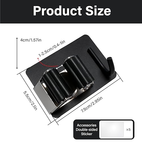 5 Pack Mop and Broom Holder Wall Mount, Stainless Steel Mop and Broom Hanger with Hooks, Mop Broom Organizer for Closet Laundry Garage Garden Tool Organizer (Black) - color: Black
