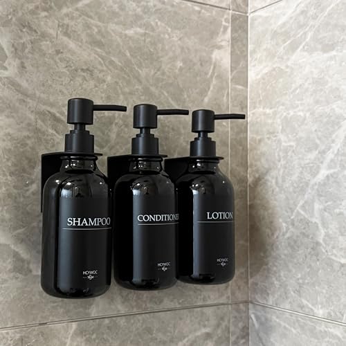 Shampoo Dispenser for Shower Wall, Shampoo and Conditioner Dispenser with 16 Waterproof Labels, No Drill Shower Soap Dispenser Bathroom, Shower Soap Dispenser Wall Mounted,17oz, 3 Pack, Black - color: 1-gloss Black Bottle + Black Pump