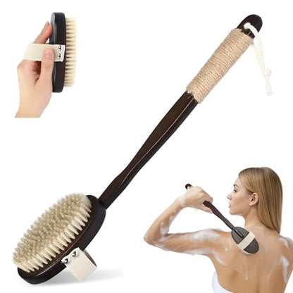 Dry & Wet Brushing Body Brush, Natural Boar Bristle Back Scrubber for Shower with Detachable Handle, Exfoliating Brush for Lymphatic Drainage, Improved Circulation & Smooth Skin - color: Dark Brown
