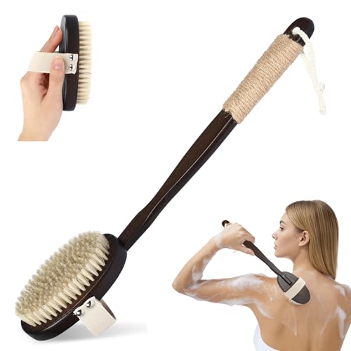Dry & Wet Brushing Body Brush, Natural Boar Bristle Back Scrubber for Shower with Detachable Handle, Exfoliating Brush for Lymphatic Drainage, Improved Circulation & Smooth Skin - color: Dark Brown