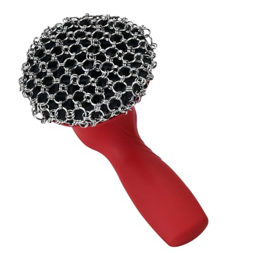 Cast Iron Cleaner, Stainless Steel Cast Iron Scrubber with Silicone Handle, Portable Kitchen Cleaning Brush for Kitchen Pots Pans Sink - color: Red
