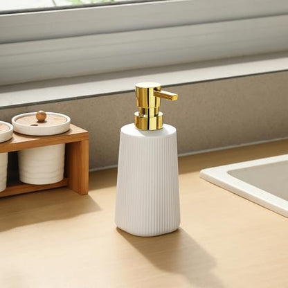 Small Soap Dispenser for Bathroom and Kitchen, Modern Farmhouse Striped Style Plastic Hand Soap Dish Soap Dispenser with Pump Matte White and Gold - color: White and Gold