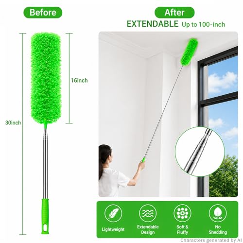 Duster for Cleaning High Ceiling Fan (Green), AzunMicrofiber Feather Duster with 30" to 100" TelescopingExtension Pole, Long Extendable Duster for Home CarFurniture Cobweb - color: Green