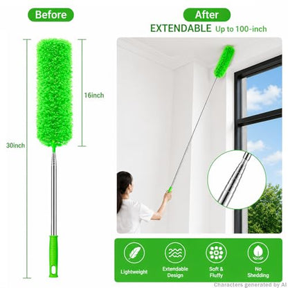 Duster for Cleaning High Ceiling Fan (Green), AzunMicrofiber Feather Duster with 30" to 100" TelescopingExtension Pole, Long Extendable Duster for Home CarFurniture Cobweb - color: Green