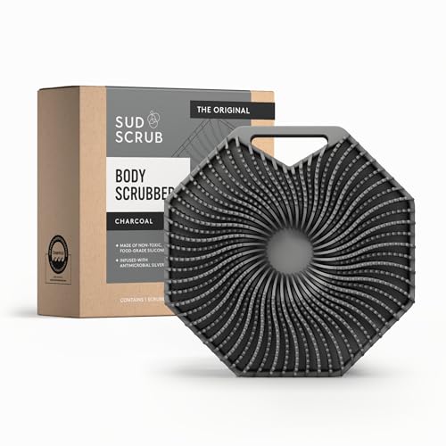Sud Scrub® Antimicrobial Silicone Body Scrubber, Exfoliating Body Brush for Sensitive Skin, Antibacterial Shower Scrubber for Body, Bathroom Essentials for Men & Women, Charcoal - color: Charcoal