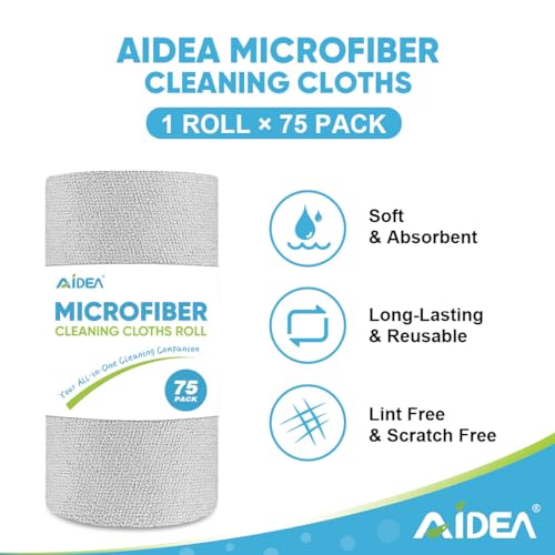 AIDEA Microfiber Cleaning Cloth Roll, Grey 75PK, Reusable Paper Towels Tear Away Cloth, Microfiber Towels for Cars, Wash Cloths, Lint Free Rags for House, Kitchen,Window,Cleaning Supplies 11.5"×11.5" - color: Grey