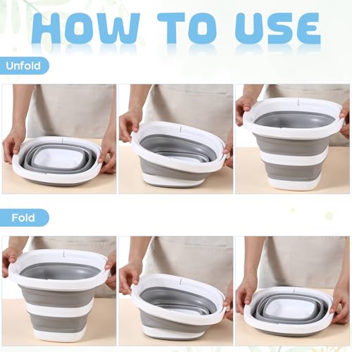 2 Pack Collapsible Buckets, 5L 1.3 Gallon Cleaning Buckets with Handle, Foldable Plastic Bucket Basin with 2 Towels, a Brush for House Garden Cleaning, Car Washing, Camping, Fishing