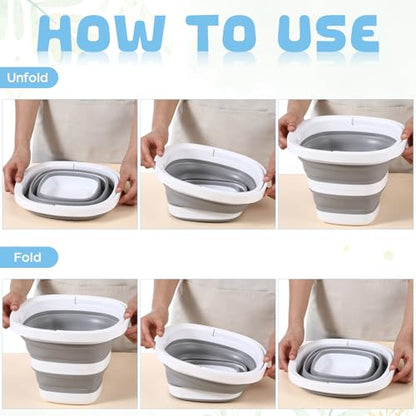 2 Pack Collapsible Buckets, 5L 1.3 Gallon Cleaning Buckets with Handle, Foldable Plastic Bucket Basin with 2 Towels, a Brush for House Garden Cleaning, Car Washing, Camping, Fishing