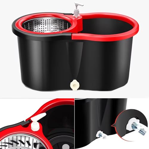 Spin Mop and Bucket with Wringer Set, 360°Rotating Head Mop Bucket System, 3 Microfiber Mop Heads for Living Room, Bedroom, Kitchen, Office (Black & Red)