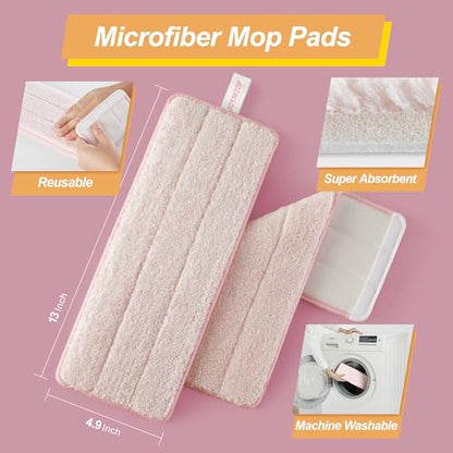 JOYMOOP Pink Mop and Bucket with Wringer Set for Home, with 3 Reusable Microfiber Mop Pads, Hands-Free Self-Cleaning System, Suitable for Floor Cleaning and Wall Cleaner - size: Middle Pink Bucket #13 + 60" Flat Mop + 3 Pads