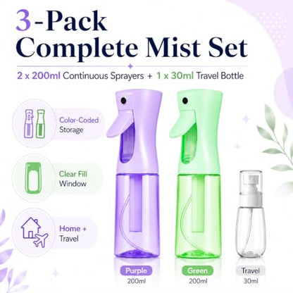 3 PCS Spray Bottles, 2-Pack Continuous Spray Bottles,Fine Water Mist Spray Bottles for Hair 6.8 OZ (200 ML) and 1oz 30ml Travel Spray Bottle Mister (Purple+Green) - color: Purple+Green
