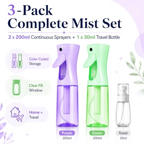 3 PCS Spray Bottles, 2-Pack Continuous Spray Bottles,Fine Water Mist Spray Bottles for Hair 6.8 OZ (200 ML) and 1oz 30ml Travel Spray Bottle Mister (Purple+Green) - color: Purple+Green