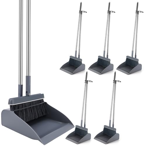 Nosiny 6 Broom and Dustpan Set with 48 Inches Long Handle with Stand up Dustpan Combo Set Large Size and Stiff Broom Dust Pan for Office Kitchen Lobby Floor Use