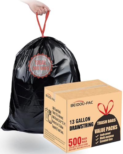 BEIDOU-PAC 13 Gallon Trash Bags Drawstring, 500 Count Bulk Value Pack, Black & Unscented Garbage Bags, Multi-purpose Tall Kitchen Trash Bags Can Liners for Business Home Commercial and Industrial - style: 13 Gallon |500 Count(Value Pack)