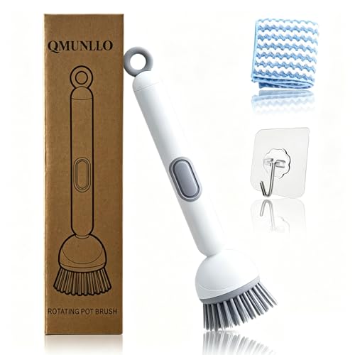 QMUNLLO 360° Rotating Dish Brush with Soap Dispenser, Non-Slip Long Handle Kitchen Scrubber Cleaning Set with Towel and Wall Hook, Ideal for Sink, Pans, Pots Cleaning(White) - color: White