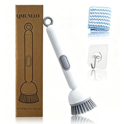 QMUNLLO 360° Rotating Dish Brush with Soap Dispenser, Non-Slip Long Handle Kitchen Scrubber Cleaning Set with Towel and Wall Hook, Ideal for Sink, Pans, Pots Cleaning(White) - color: White