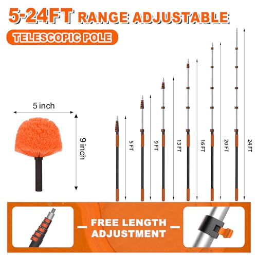 SISUPASSIE 30FT Reach Cobweb Duster with Extension Pole, High Ceiling Long Duster with 5-24FT Telescoping Pole, Spider Web Brush for Indoor Outdoor Use - size: 24FT