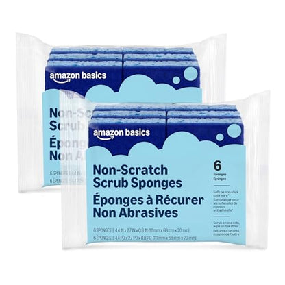 Amazon Basics Non-Scratch Dual-Sided Sponges for Nonstick Pots and Pans, Dish Scrubber, All-Purpose, 12-Pack (2 Packs of 6), Packaging May Vary - size: 12-Pack, style: Non-Scratch