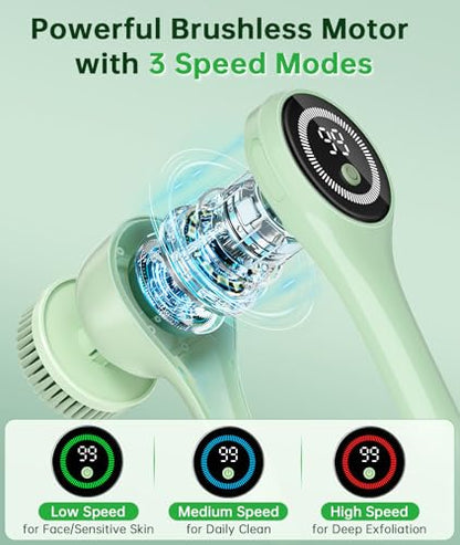 Electric Body Brush Back Scrubber for Shower, Waterproof Long Handle Power Auto Body Scrubber with 5 Heads, 3-Speed Rechargeable Bath Brush for Women, Men, Deep Cleansing, Exfoliating, Massage Skin - color: Green