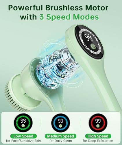 Electric Body Brush Back Scrubber for Shower, Waterproof Long Handle Power Auto Body Scrubber with 5 Heads, 3-Speed Rechargeable Bath Brush for Women, Men, Deep Cleansing, Exfoliating, Massage Skin - color: Green