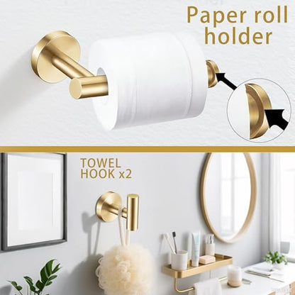 6 Pieces Brushed Gold Bathroom Hardware Accessories Set Hand Towel Ring 16&23.6 inch Round Towel Bar Toilet Paper Holder Towel Hooks 2 Pieces SUS 304 Stainless Steel,Heavy Duty,Wall Mounted - color: Brushed Gold, size: 6 piece 24"