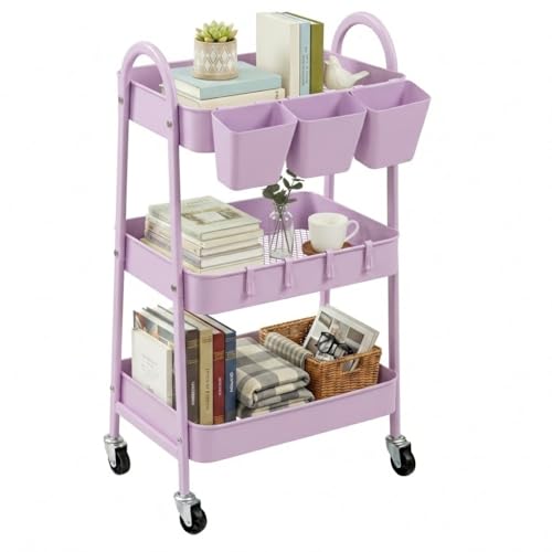 danpinera 3-Tier Rolling Cart, Utility Cart Mobile Metal Rolling Storage Cart with Lockable Wheels & Hanging Cups & Hooks for Kitchen, Bathroom, Office, Workshop, Purple - color: Purple, size: Normal (3 tier)
