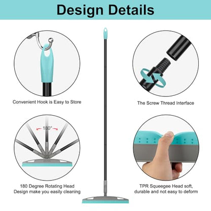Multifunction Rubber Air Broom, Silicone Floor Squeegee Broom with 59" Long Handle, Scraping Broom for Floor Bathroom Kitchen Shower Tile Pet Hair Fur Marble Glass Water Window Foam Cleaning, Blue - color: Blue Air Broom
