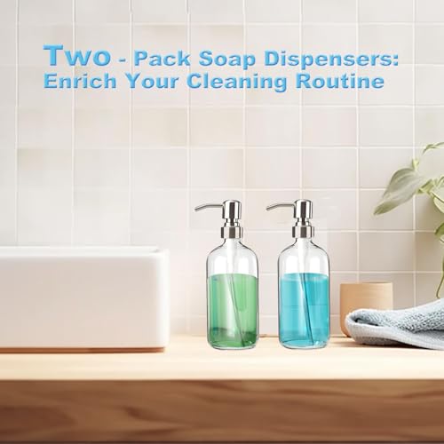 Clear Glass Soap Dispenser - Refillable Liquid Hand Lotion Dispenser for Kitchen Bathroom with Rust Proof Stainless Steel Pump (17OZ/ 500ML) (2 Pack)