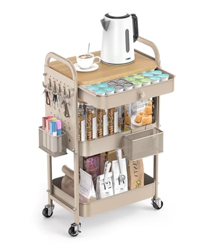 ALVOROG Rolling Cart with Drawer and Wood Table Top, 3 Tier Metal Rolling Utility Cart on Wheels with DIY Pegboards, Hanging Baskets, Hooks for Kitchen, Bedroom, Office, Craft Supplies - color: Khaki
