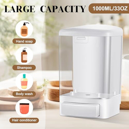 Hushee 2 Pcs Commercial Soap Dispenser Hand Wall Mounted Bathroom 33.8oz/1000ml Manual Soap Dispenser Liquid Containers with Pump White Shower Plastic Wash Wall Container Shampoo Gel for Kitchen Hotel - color: White, size: ['33.8 fl oz']