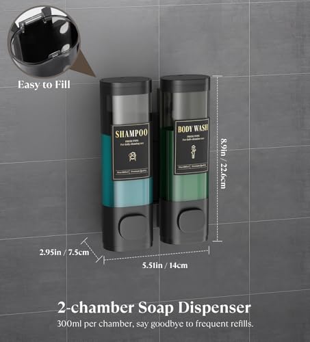 Luxspire Shampoo and Conditioner Dispenser, No Drill Wall Mounted Shower Soap Dispenser 2 Chamber with Waterproof Labels, Easy Refill Soap Dispenser for Bathroom Hotel Kitchen, Black - color: Black, size: 2 Chamber