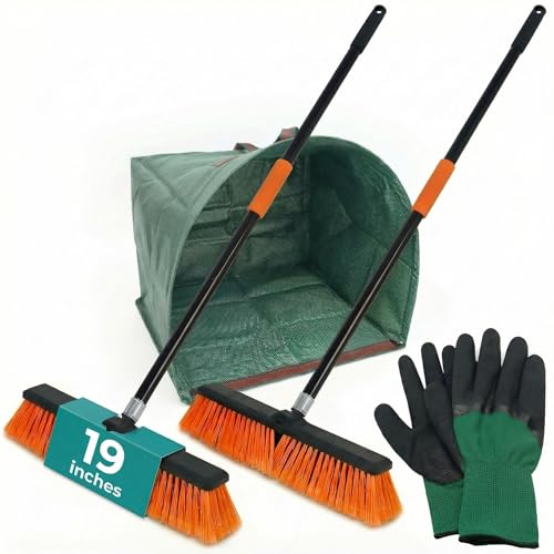 HELOMOR 2-Pack 19” Outdoor Push Brooms with 62” Long Handles – Heavy Duty Brooms for Driveway, Deck, Garage & Patio, Includes Dustpan Bin and Work Gloves