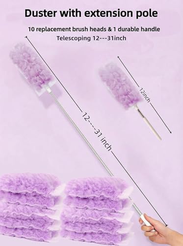 Heavy Duty Duster Refills, Disposable Dusters Kit for Cleaning Dusting Furniture Blind Ceiling Fan, Multi Surface 360 Feather Duster(10)+3FT Extended Handle（1） (pueple) - color: Pueple