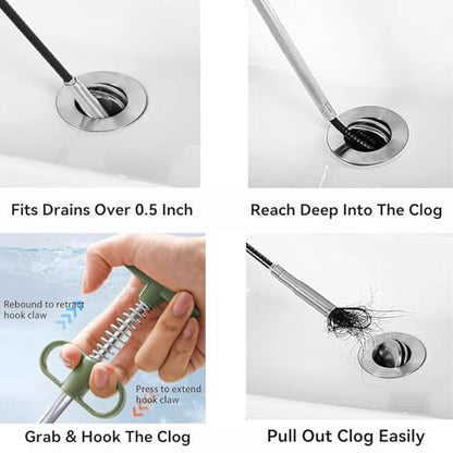 2-in-1 Drain Cleaning Tool Kit, 33" Flexible Drain Snake Clog Remover & 60" Drain Brush for Shower, Sink, Bathtub & Kitchen