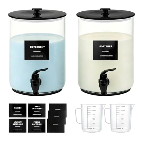Glass Laundry Detergent Dispenser,1 Gallon Large Liquid Soap,2 Pack(Black) | Complete borosilicate jars set with leakproof spigots, protective silicone mats, minimalist labels, and dosing cups. - color: Black