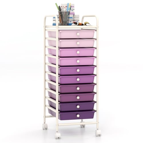 Giantex 10-Drawer Storage Cart w/Universal Wheel, Rolling Cart w/Handle, Home Organizer Storage Unit w/Removable Drawers, Trolley Utility Cart for Kitchen Makeup Living Room Office Play Room - color: Purple Gradient, size: 10 Drawer-13"x15"x34"