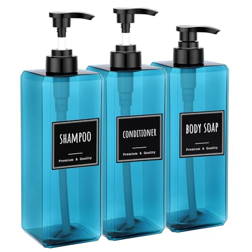 Segbeauty 33.8oz Plastic Pump Bottle Set for Bathroom Shampoo and Conditioner, 3pcs Large Hand Soap Dispenser with Pump, Blue Empty Body Lotion Liquid Container with Labels, 1000ml Refillable Bottles - color: Blue, style: 3pcs