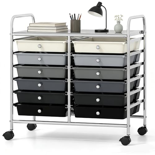 COSTWAY 12-Drawer Rolling Storage Cart, Utility Storage Organizer Cart for Tools, Scrapbook, Paper, Craft, Multipurpose Art Supply Organizer on Wheels for Home Office School, Teacher, Mixed Black - color: Mixed Black, size: 25"L x 15"W x 24.5”H (12 Drawer