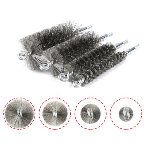 50 in Pipe Cleaning Brush Set with Stainless Steel Bristles, Wire Brush with 4pcs Galvanized Rod, Stainless Steel Pipe Brush 4pcs for Auto Parts, Bottles, Tubes. (3/5, 1, 1 3/5, 2 in Brush Heads)